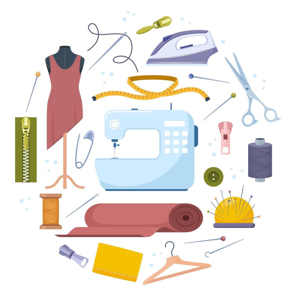 Tailors accessories, supplies and equipment to sew cloth. Dressmaking collection with thread rolls, button, needles, zipper, sewing machine, mannequin, scissors, iron. Tailoring studio. vector