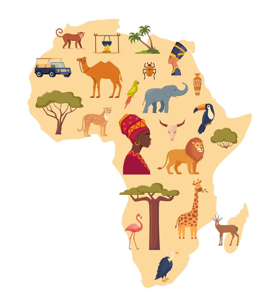 Africa travel map, decorative symbol of Africa continent with ethnic icons. African map, trees, people, animals birds. . vector
