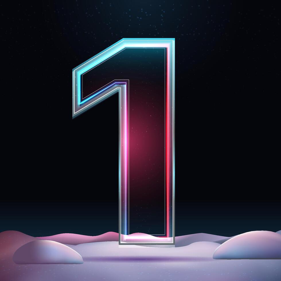 3D number with neon light insight. Glass symbol with sparkles and winter background. Futuristic holiday decoration. Element for design poster, advertisign or game vector