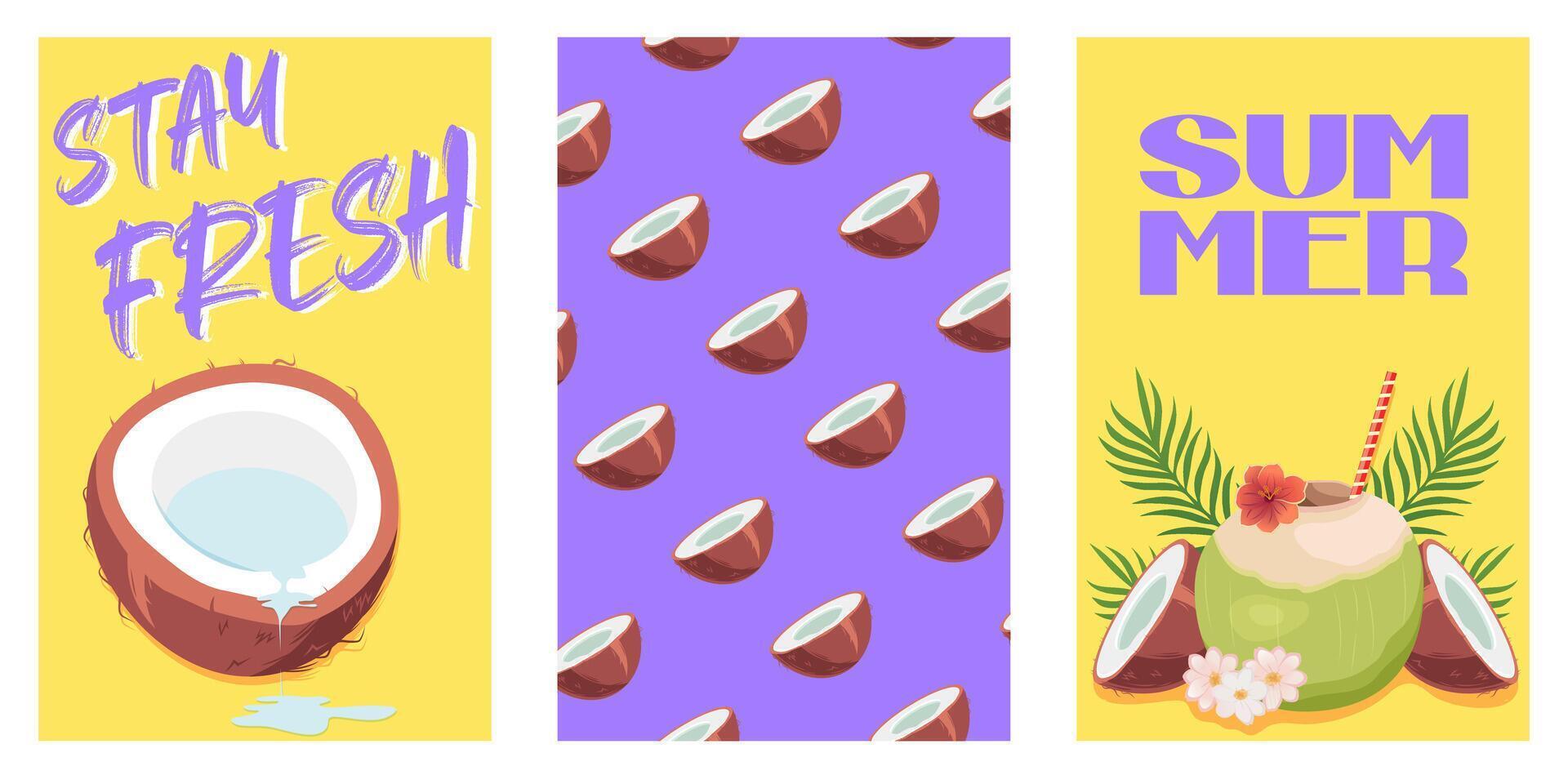 Set of summer tropical pictures with coconuts. vector