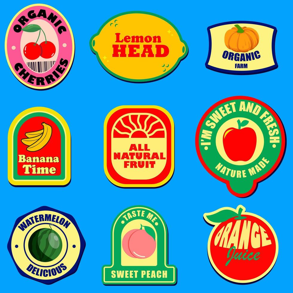 Set of seasonal fruits and vegetables stickers and marks or badges template for packaging. vector