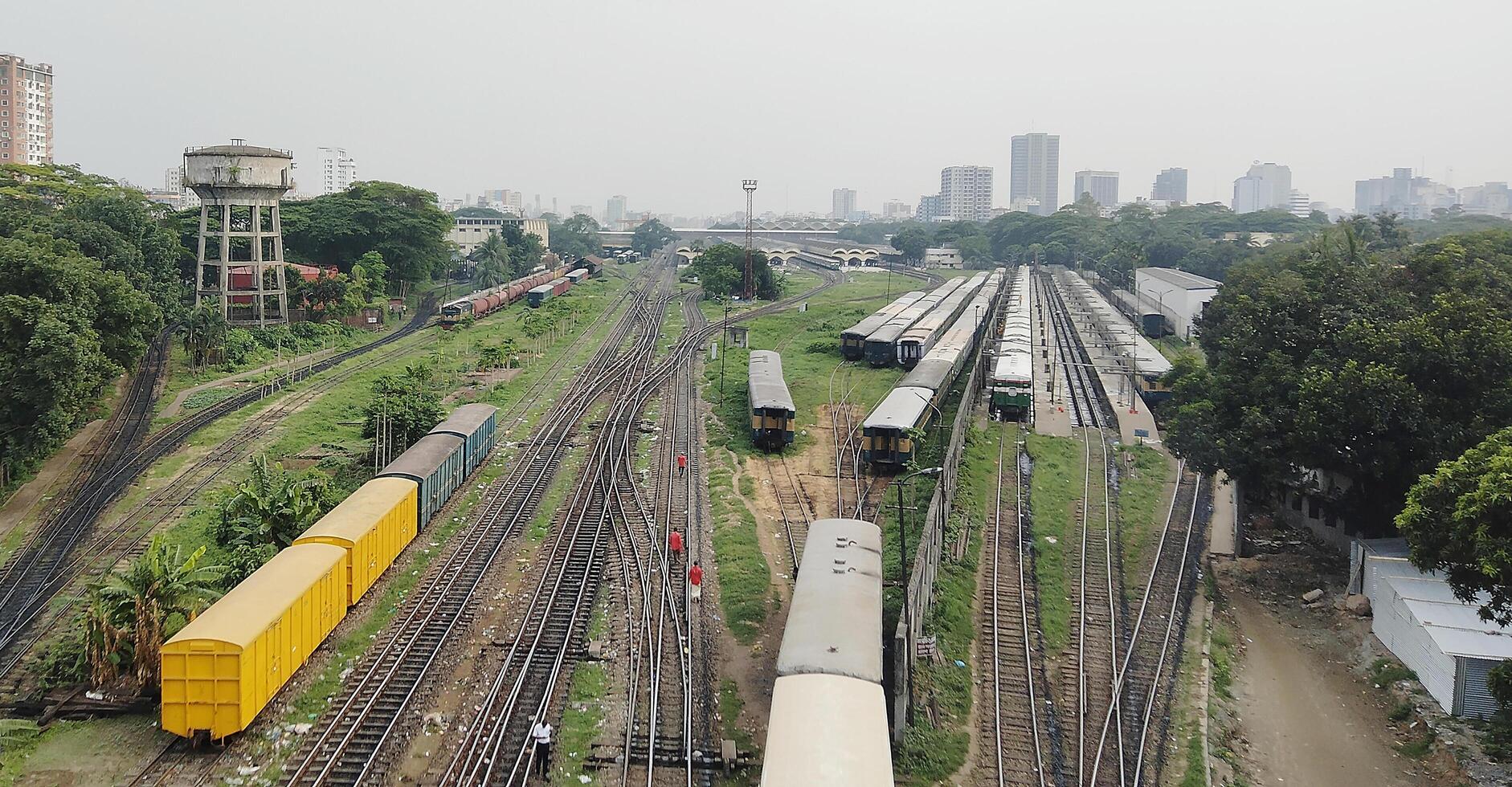 Surface level of railway tracks along green plants photo