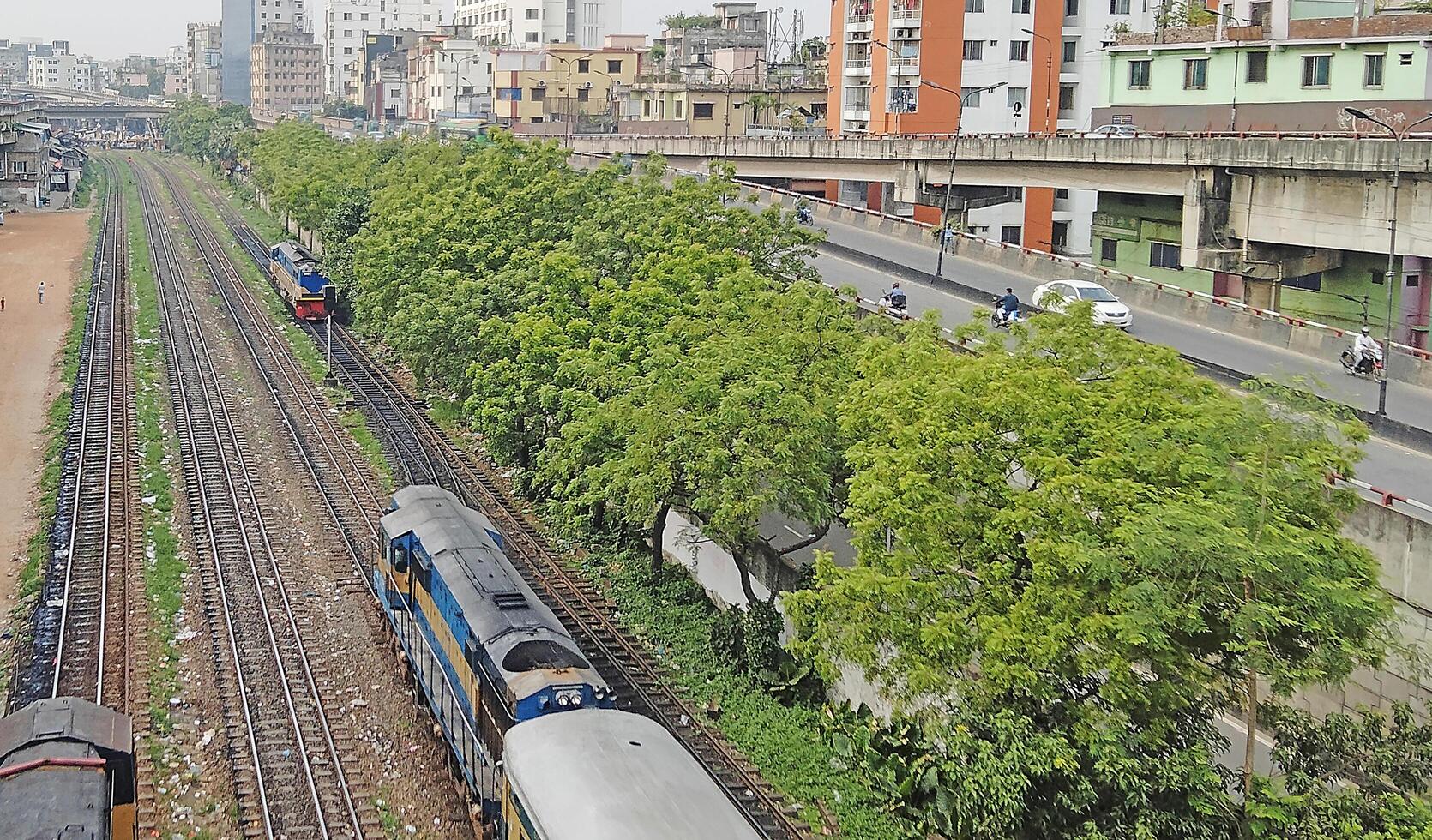 Surface level of railway tracks along green plants photo