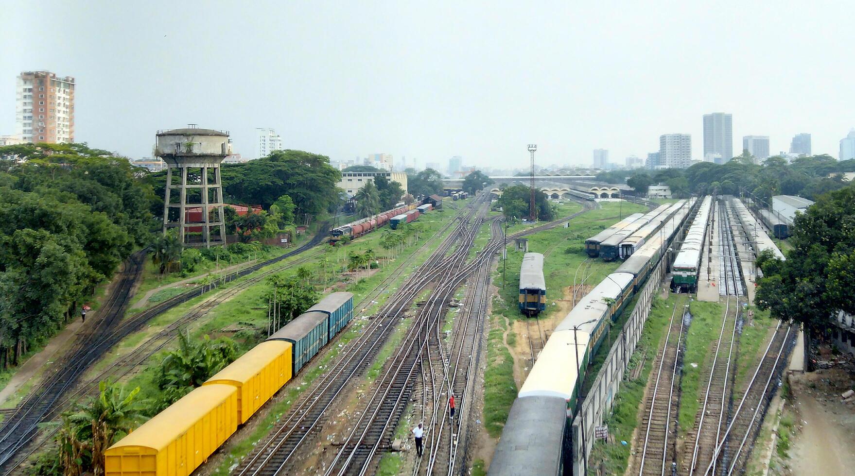 Surface level of railway tracks along green plants photo