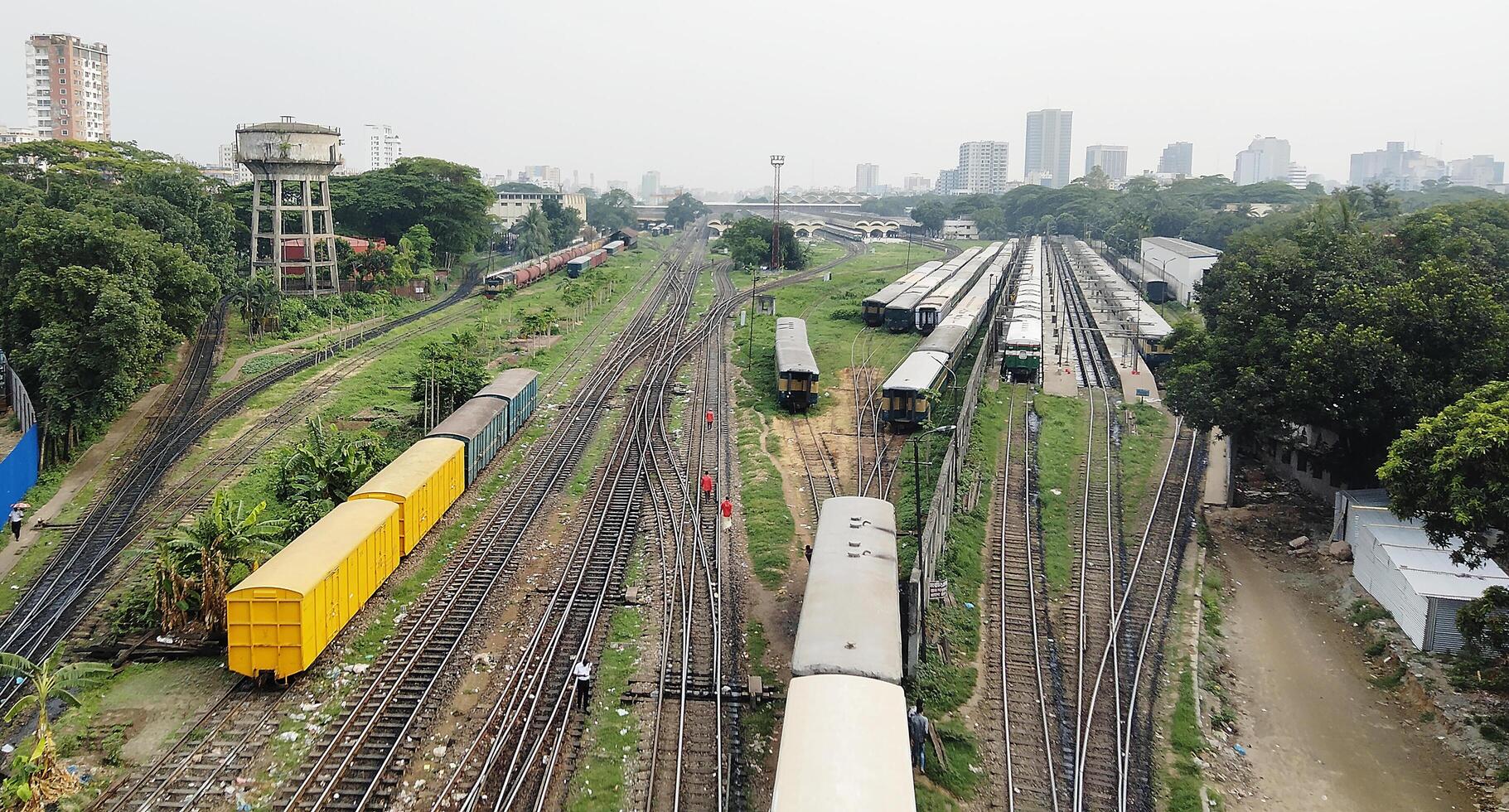 Surface level of railway tracks along green plants photo