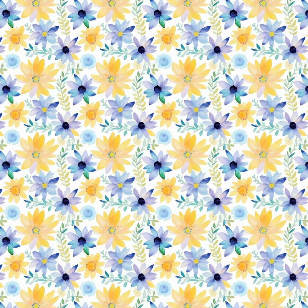 Summer floral design that is repeated in alternating shades of blue, yellow, and white for printing on textiles, clothing, and bed linens vector