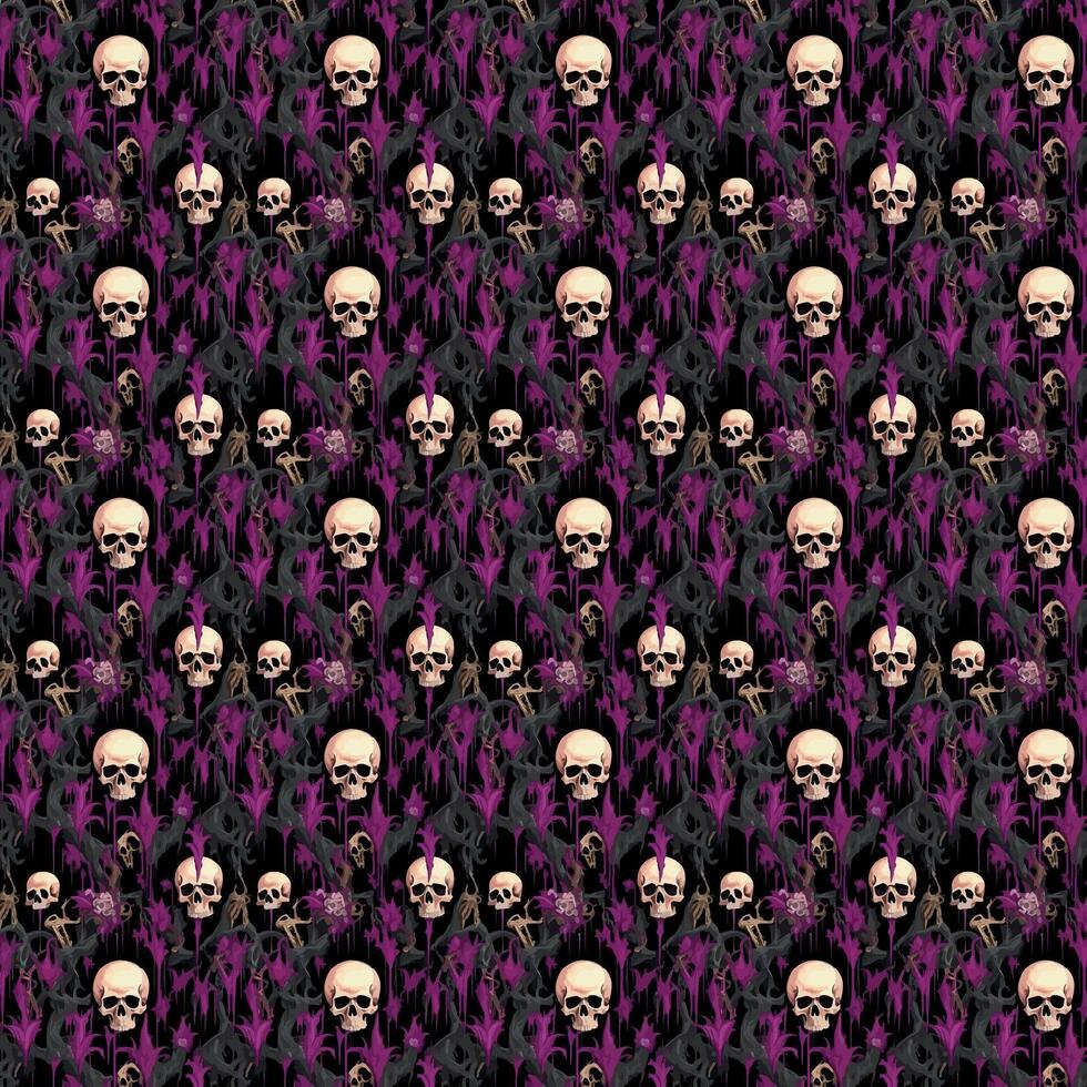 Skulls and bones arranged in a continuous pattern over a dark, gothic, and unsettling backdrop. vector