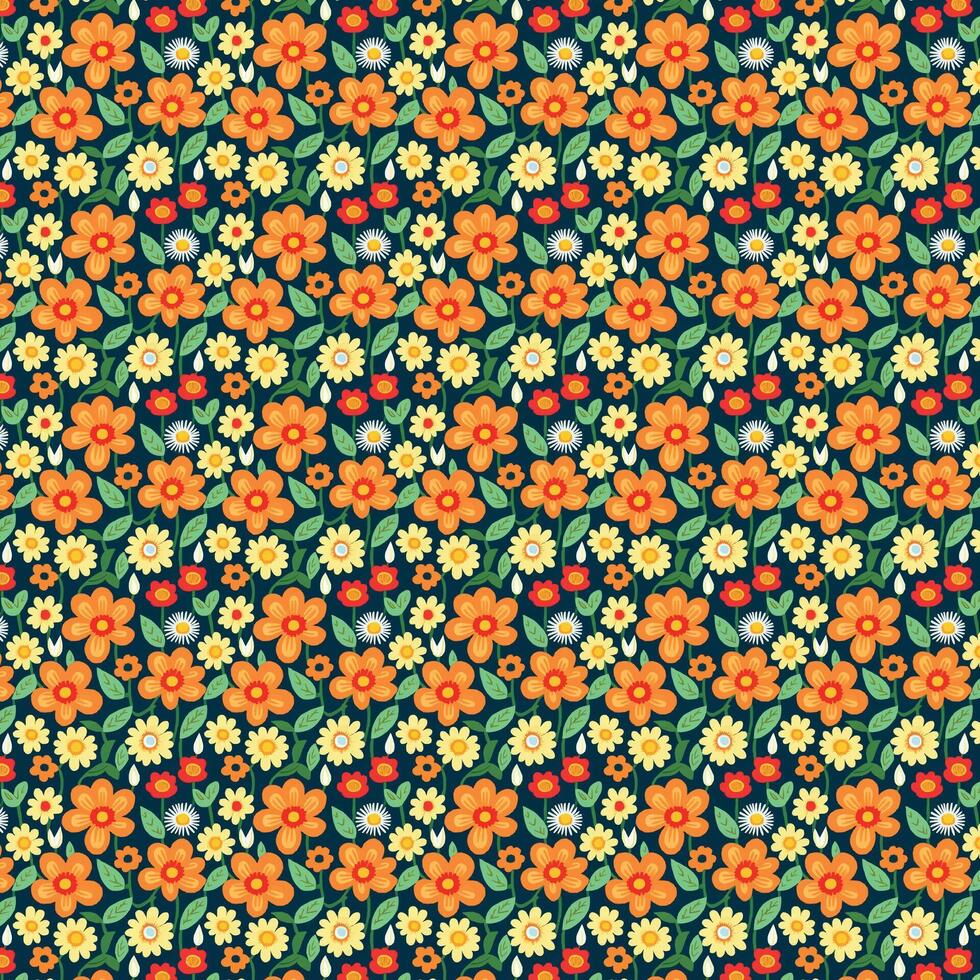 Orange and yellow flowers repeated in a pattern. A range of flowers and foliage are used in the design to produce a calming and eye-catching visual impact. vector
