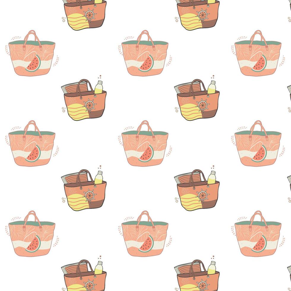 Repeating summer pattern, combination of beach tote bags, showcasing designs with anchors, watermelons vector