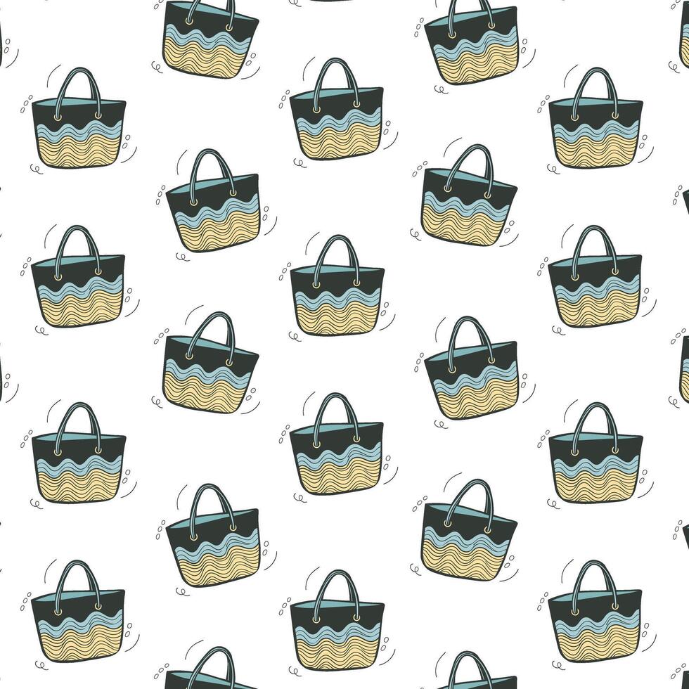 Repeating pattern of tote bags with wave-like designs in shades of blue and beige, giving a nautical and serene vibe vector