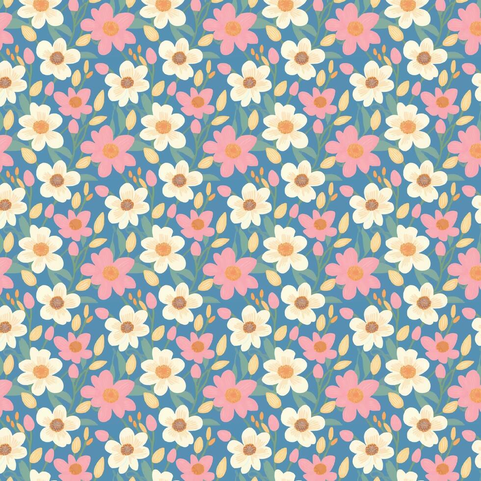Summer floral pattern. The flowers are printed on bed linens, clothing, and other textiles in the colors pink, white, and yellow. vector