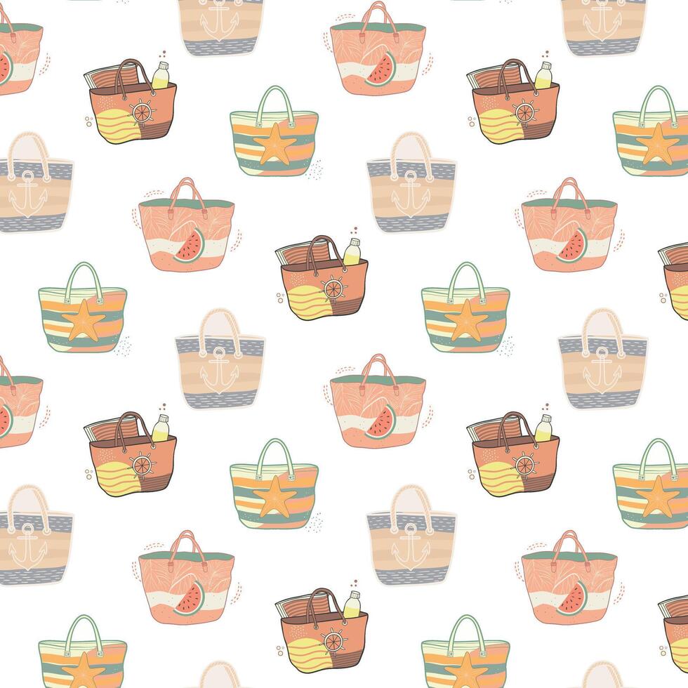 Cute summer pattern, combination of several beach bags with designs of anchors, watermelons, sunscreen, starfish vector