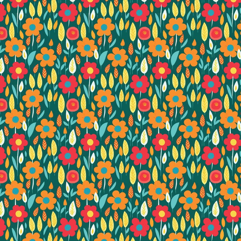 Vibrant exhibition of a flowery pattern, a flat design, a basic phorm, and a variety of flowers and leaves grouped in a recurring pattern vector