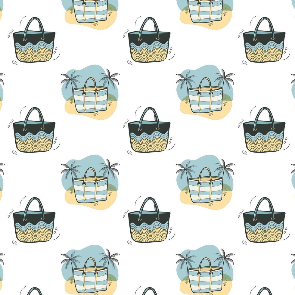Modern summer colorful pattern with varying beach tote bag designs displayed in individual vignettes vector