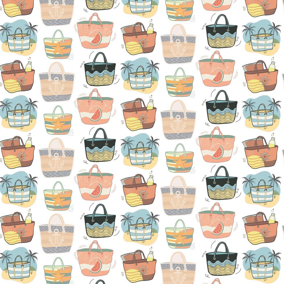 Modern pattern, different beach bags with drawings of stars, watermelons, waves and other beach elements, isolated vector