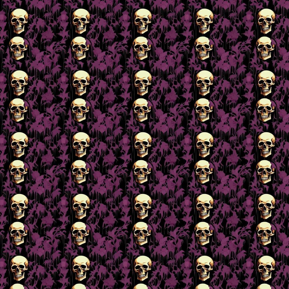 Skulls and bones arranged in a continuous pattern over a dark, gothic, and unsettling backdrop. For textile, clothing, bedding, printing, and Halloween vector
