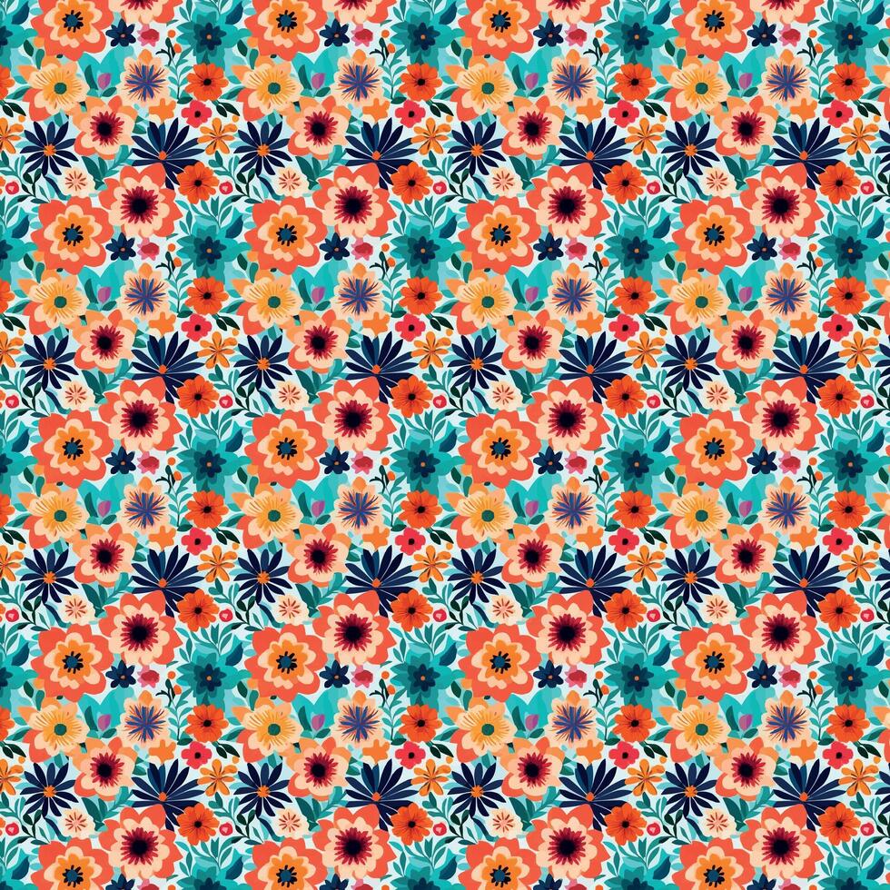 Orange, dark blue, and crimson flowers and leaves arranged in a pattern that produces a vivid and energizing visual impression. vector
