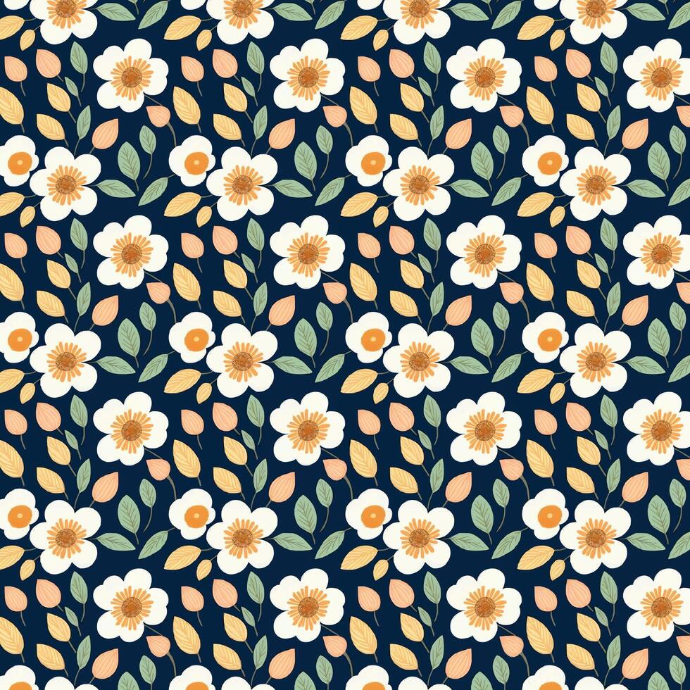 Orange and yellow flowers in a repeating pattern set on a deep blue backdrop. The leaves of the blooms are green, with white centers. vector