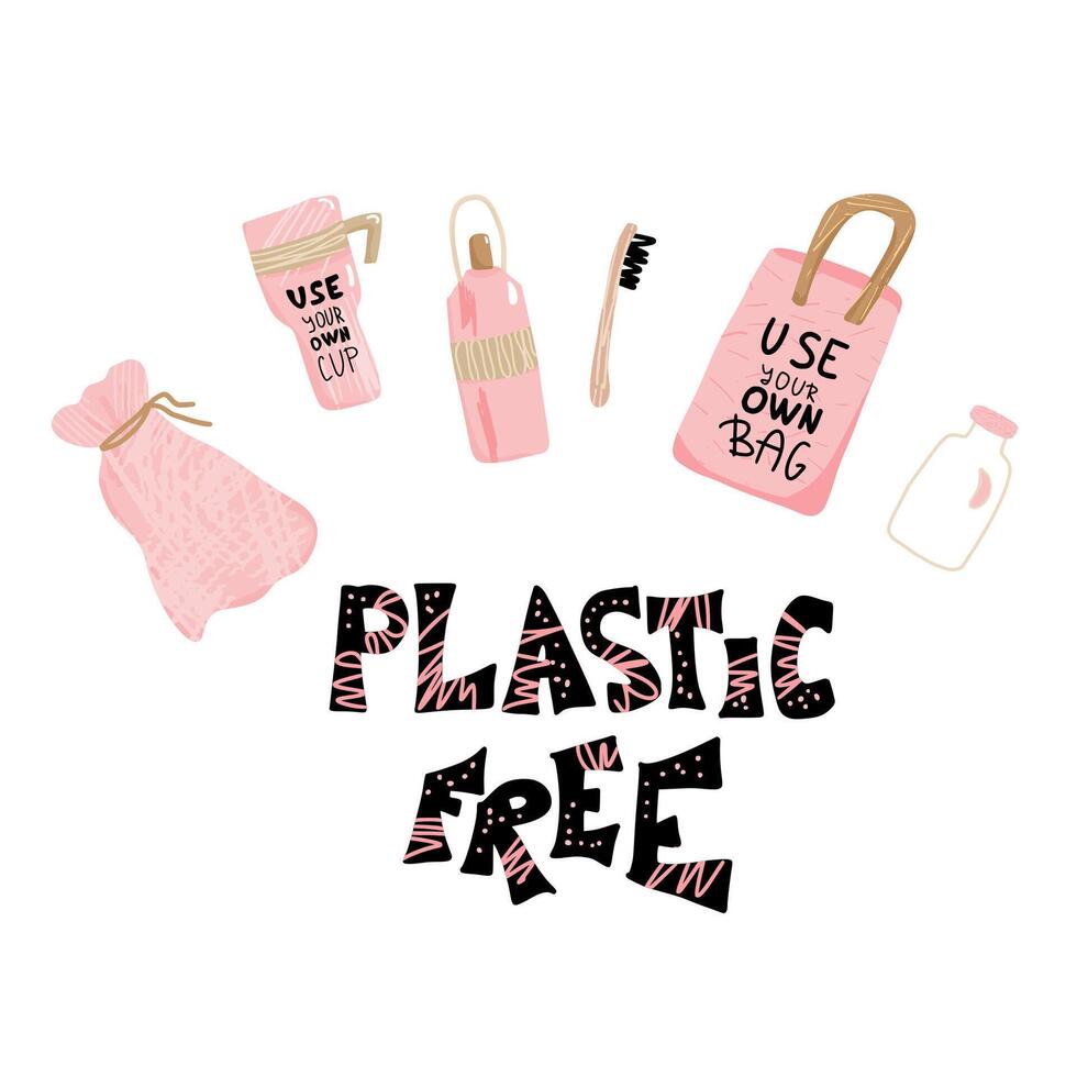 Plastic free concept with text and symbols. vector
