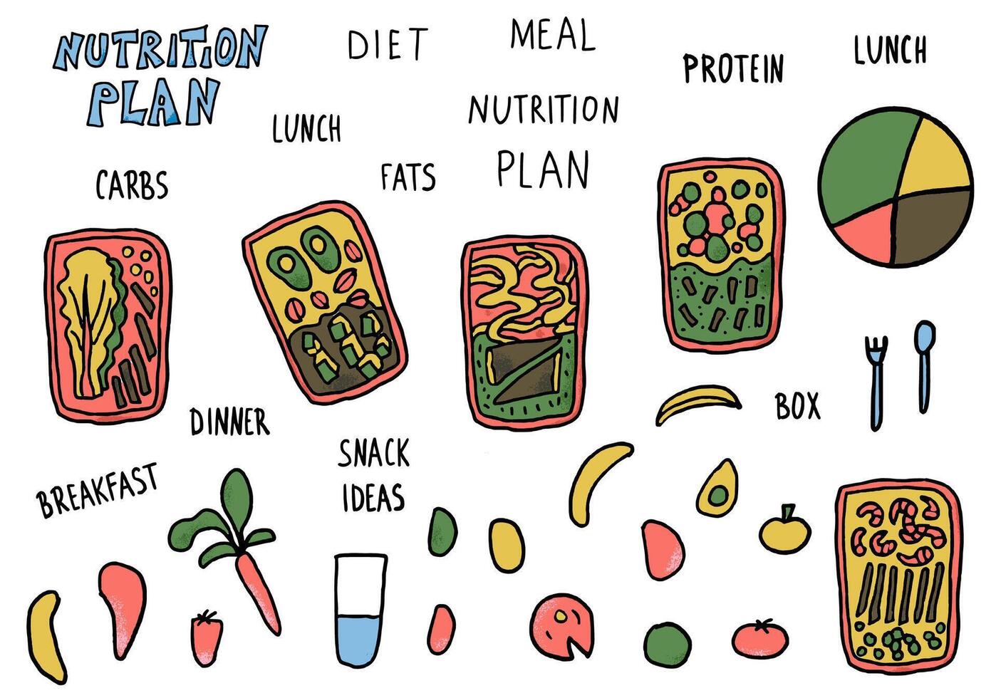 Health food set. Lunch boxes with meal. vector