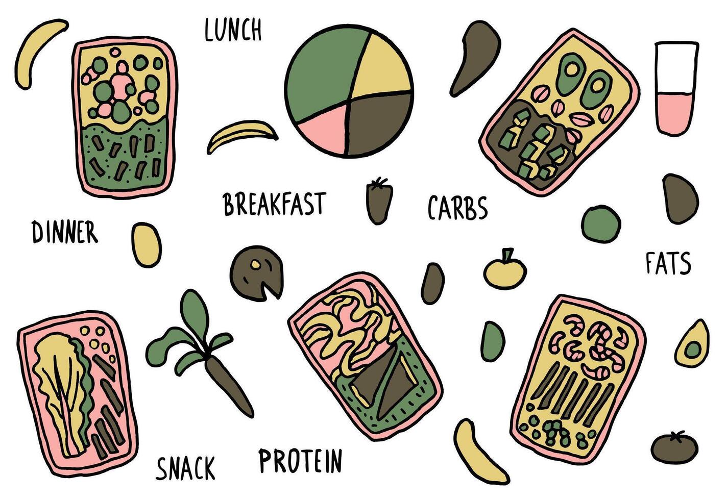 Health food set. Lunch boxes with meal. vector