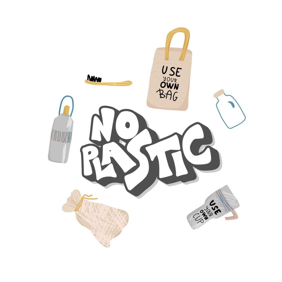 Plastic free concept with text and symbols. vector
