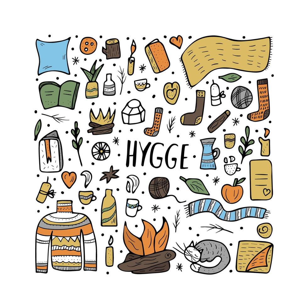 Hygge. isolated symbols in doodle style. vector