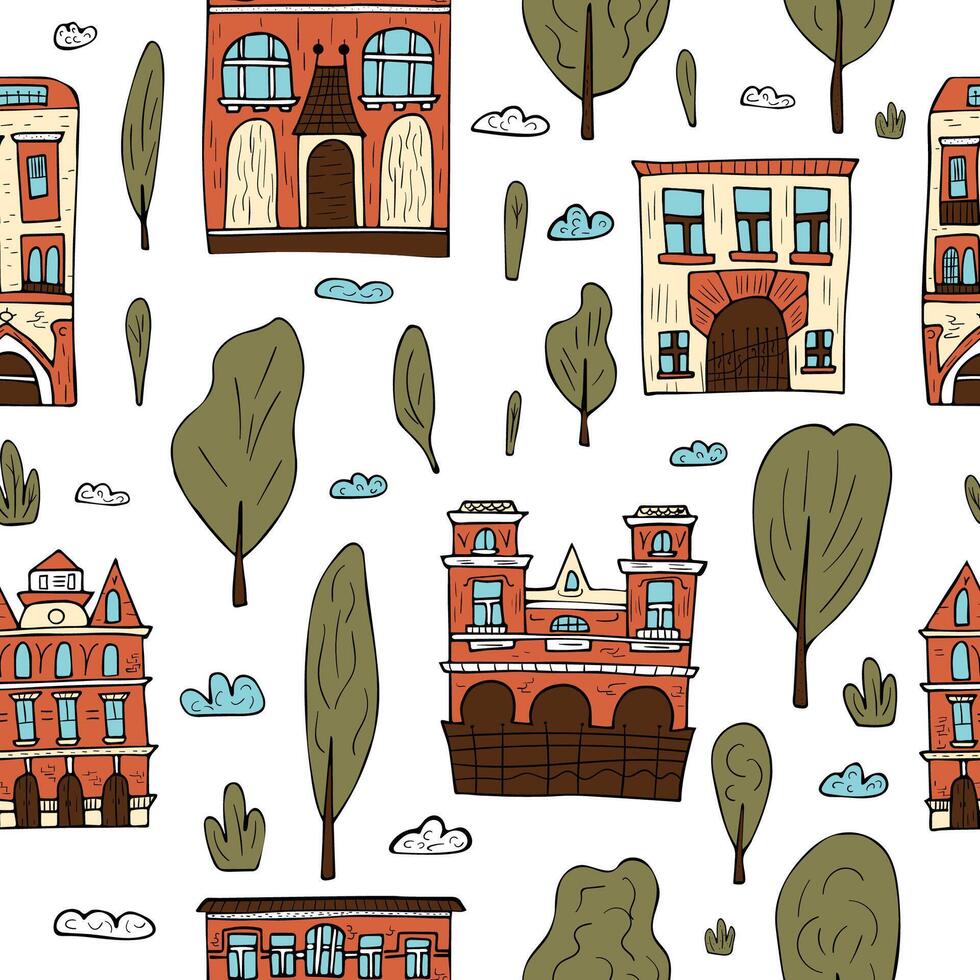 Seamless patter of houses, trees and clouds. vector
