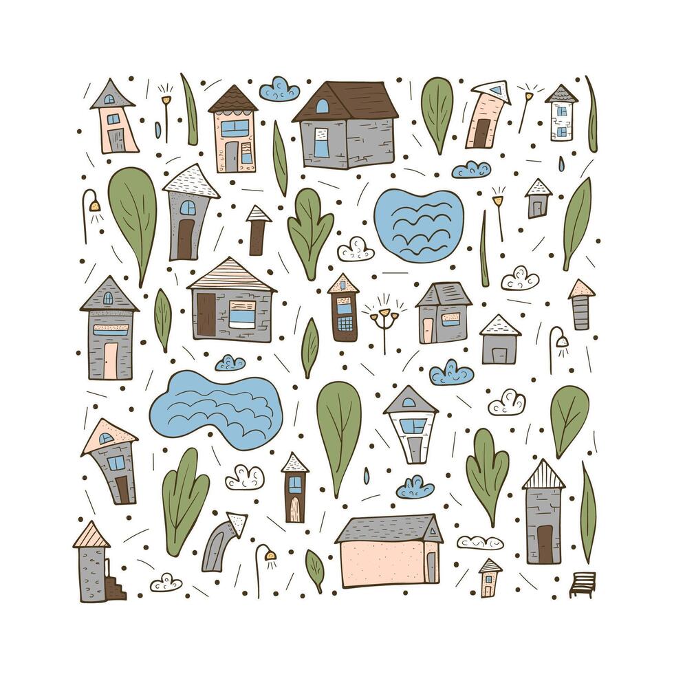 Set of houses, trees and clouds. vector