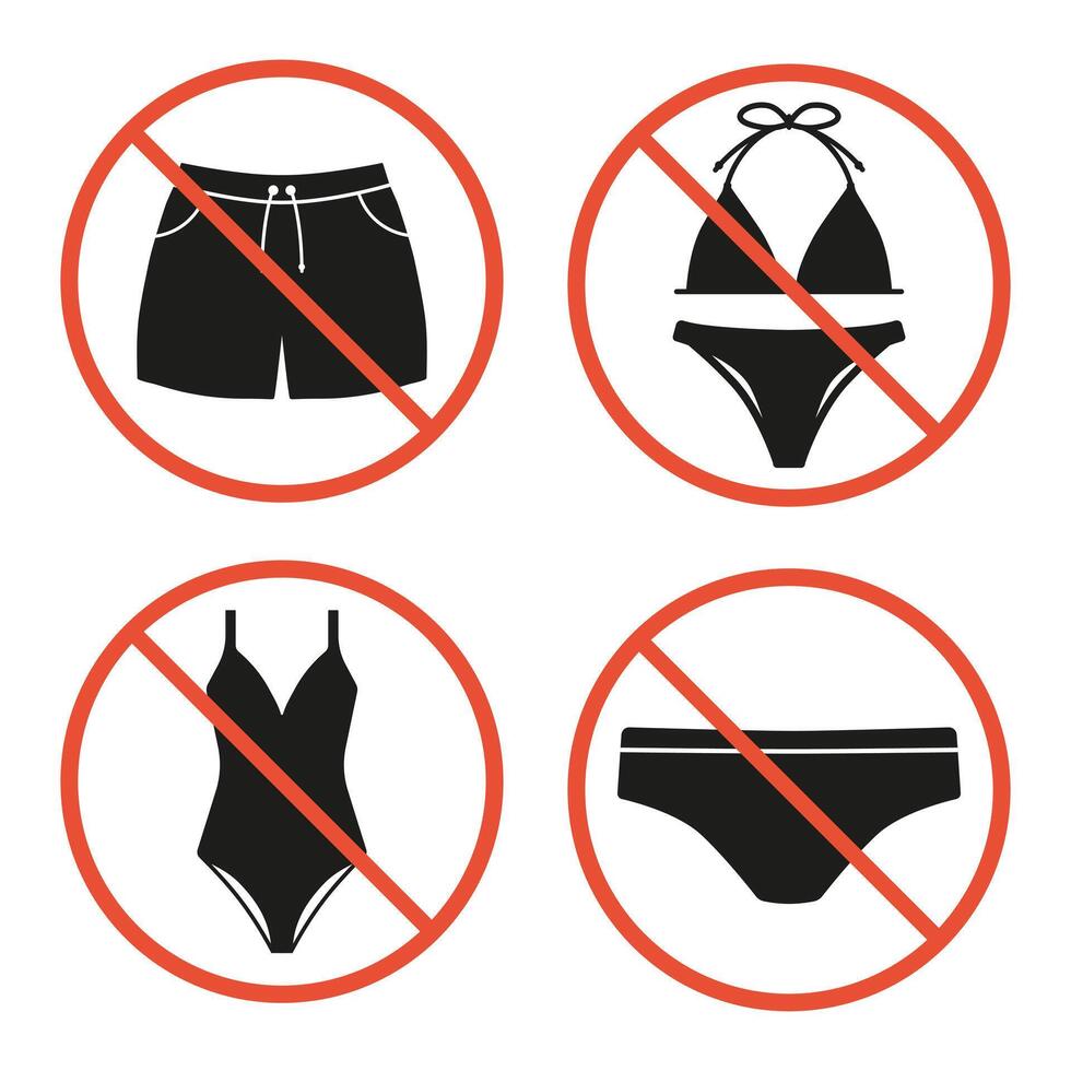 Prohibition sign set of Woman and Man Underwear. Forbidden Enter in Bikini, Swimsuit or shorts. Warning Red Stop Circle Symbol for entrance door vector
