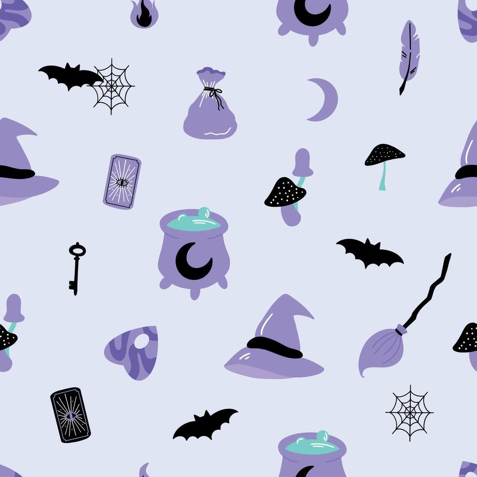 Seamless pattern with purple witchcraft elements. Witches hat, magic cauldron, broom, bat, mushrooms, tarot for magic rituals. Spooky halloween design. Hand drawn illustration vector