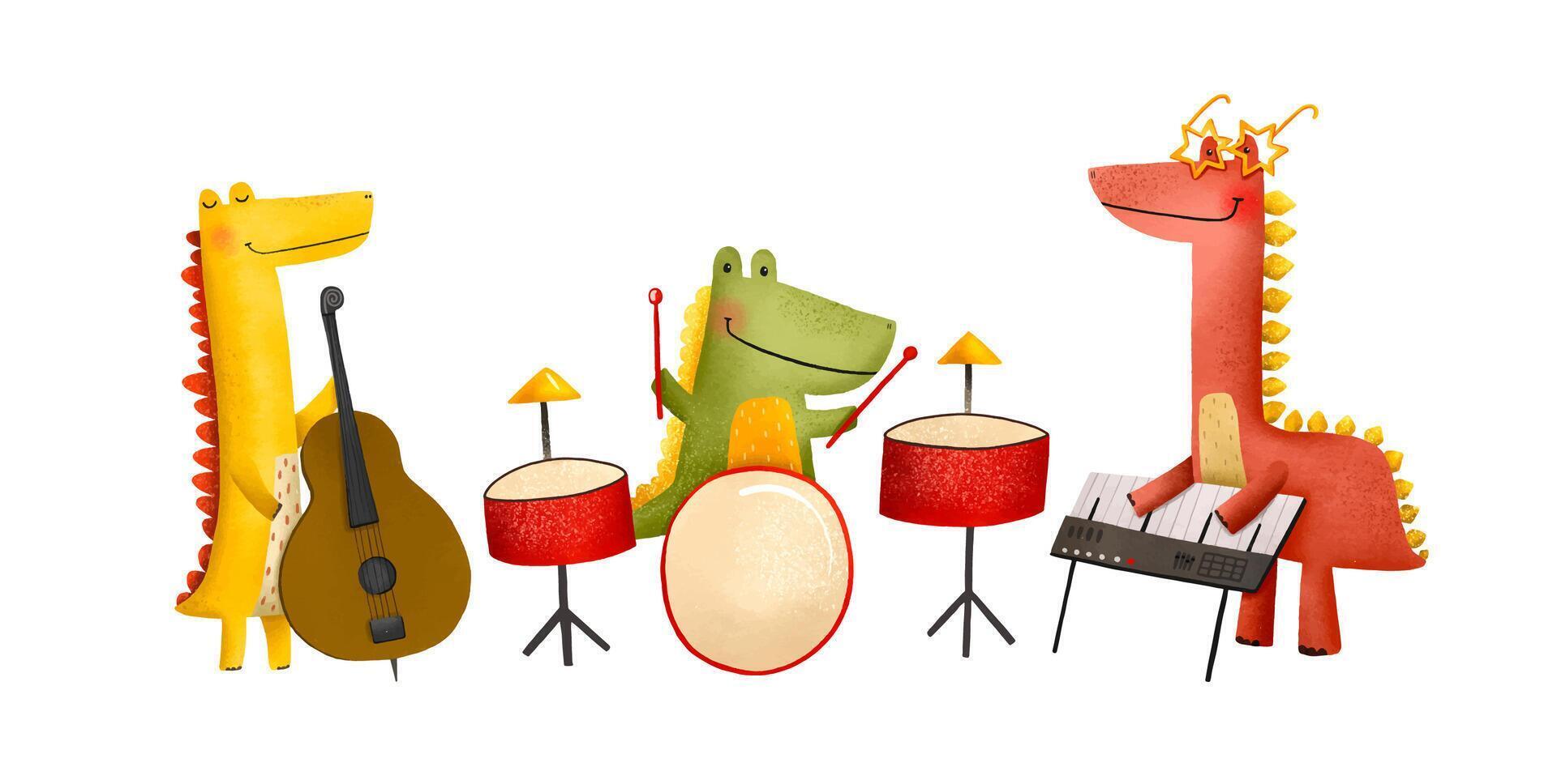 dino monster musicans. Music players cartoon illustration. Musical instruments vector