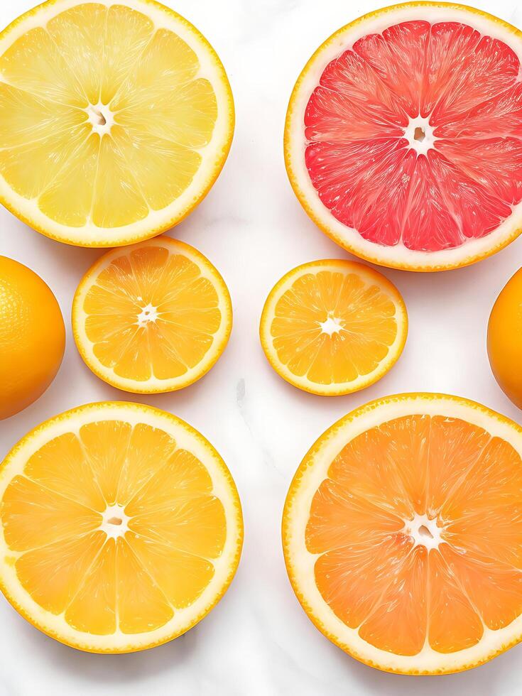 A group of citrus fruits including oranges lemons and other fruits photo