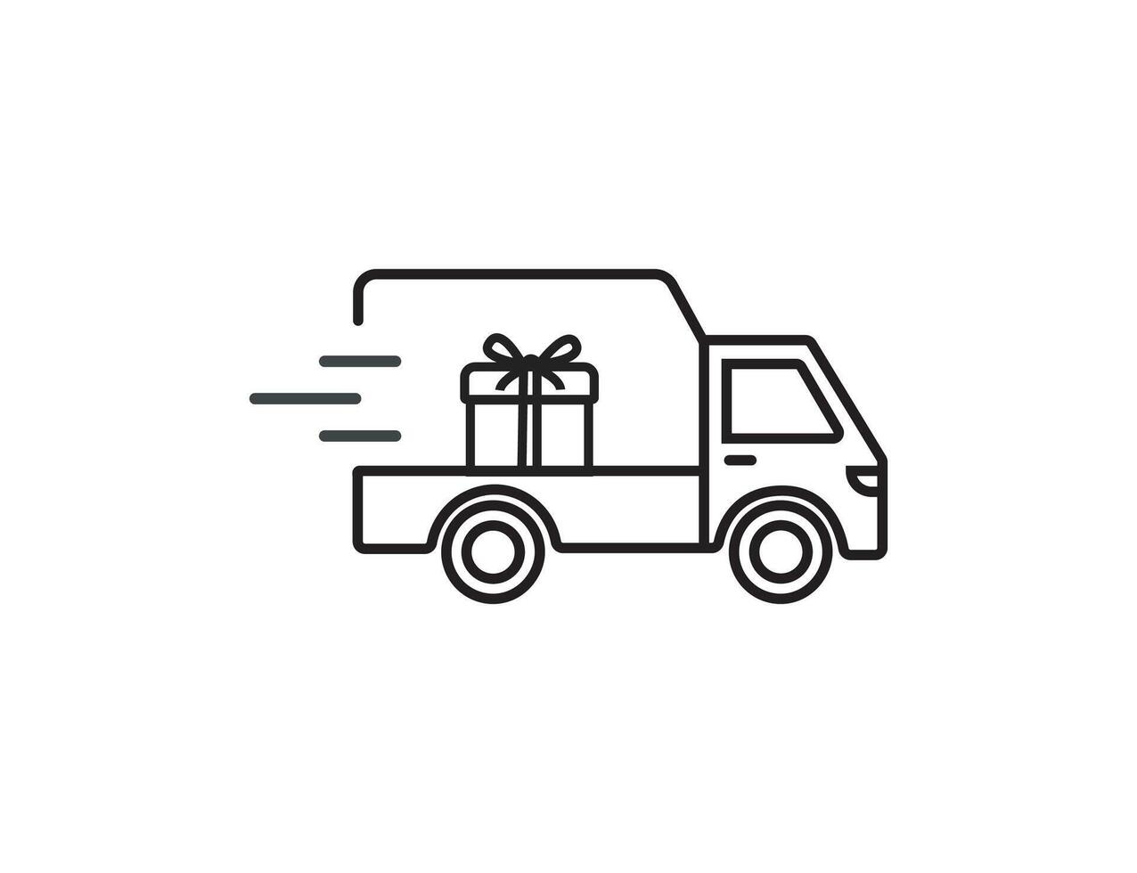 Fast shipping moving delivery truck with gift box line art icon. illustration isolated on transparent background vector