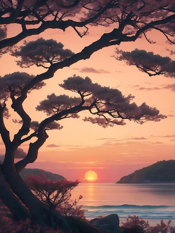 Evening sky sunset on mountain lake over water with trees in front photo