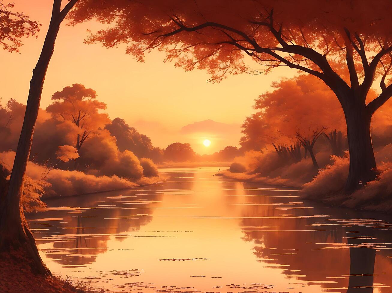 Evening sky sunset on mountain lake over water with trees in front photo