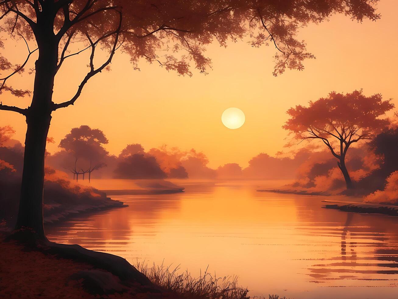 Evening sky sunset on mountain lake over water with trees in front photo
