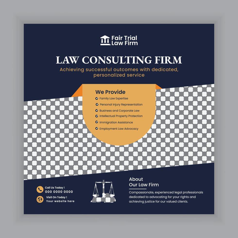 Law firm services Social media posts and law consulting square flyer or web banner template design., law consultation web banner. vector