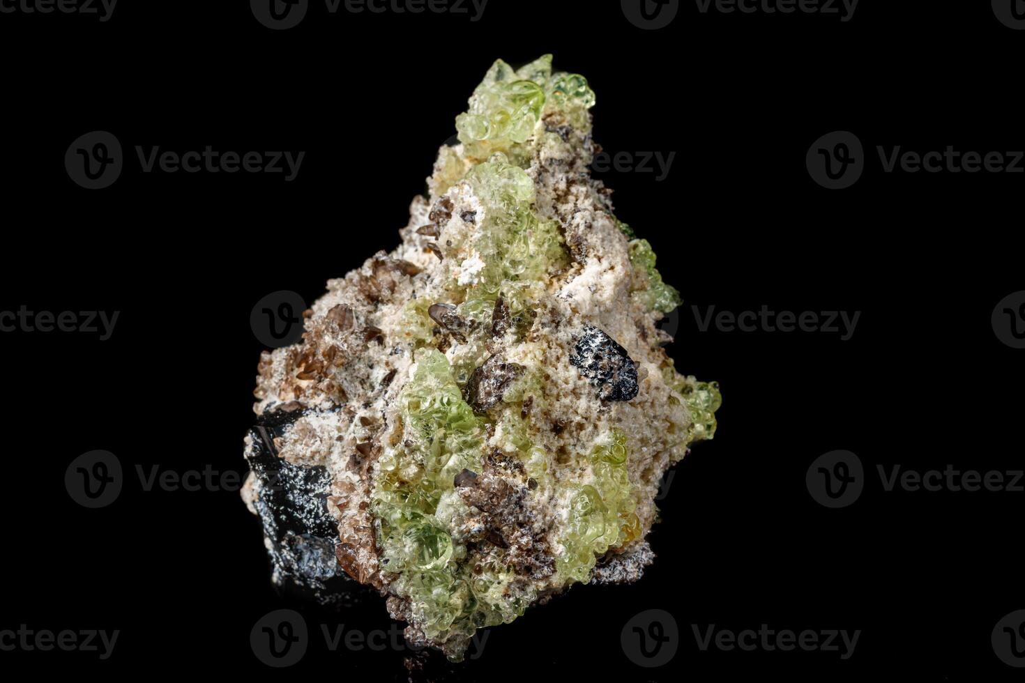 Macro stone Hyalite mineral, tourmaline Sherl, smoky quartz on a black background photo
