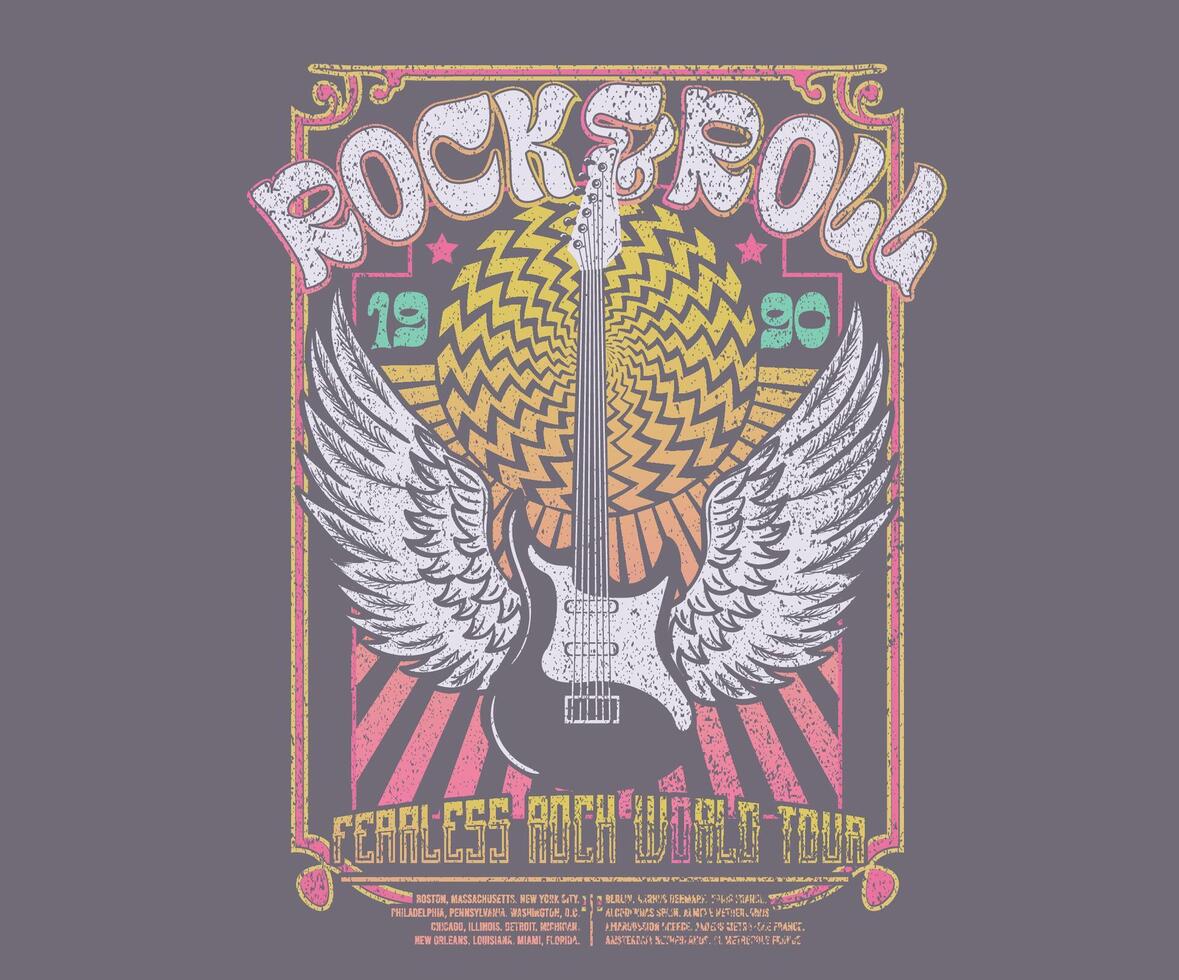 Rock star vintage artwork. Eagle music poster design. Bird wing with guitar vintage artwork for apparel, stickers, posters, background and others. Rock world tour artwork. vector