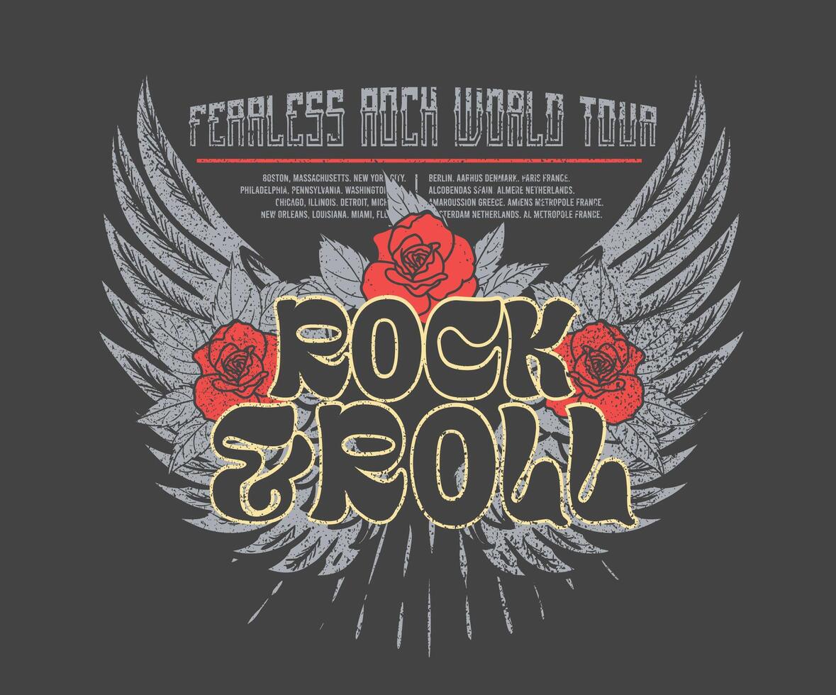 Bird wing with rose flower vintage artwork for apparel, stickers, posters, background and others. Eagle music poster design. Fearless rock tour artwork. vector