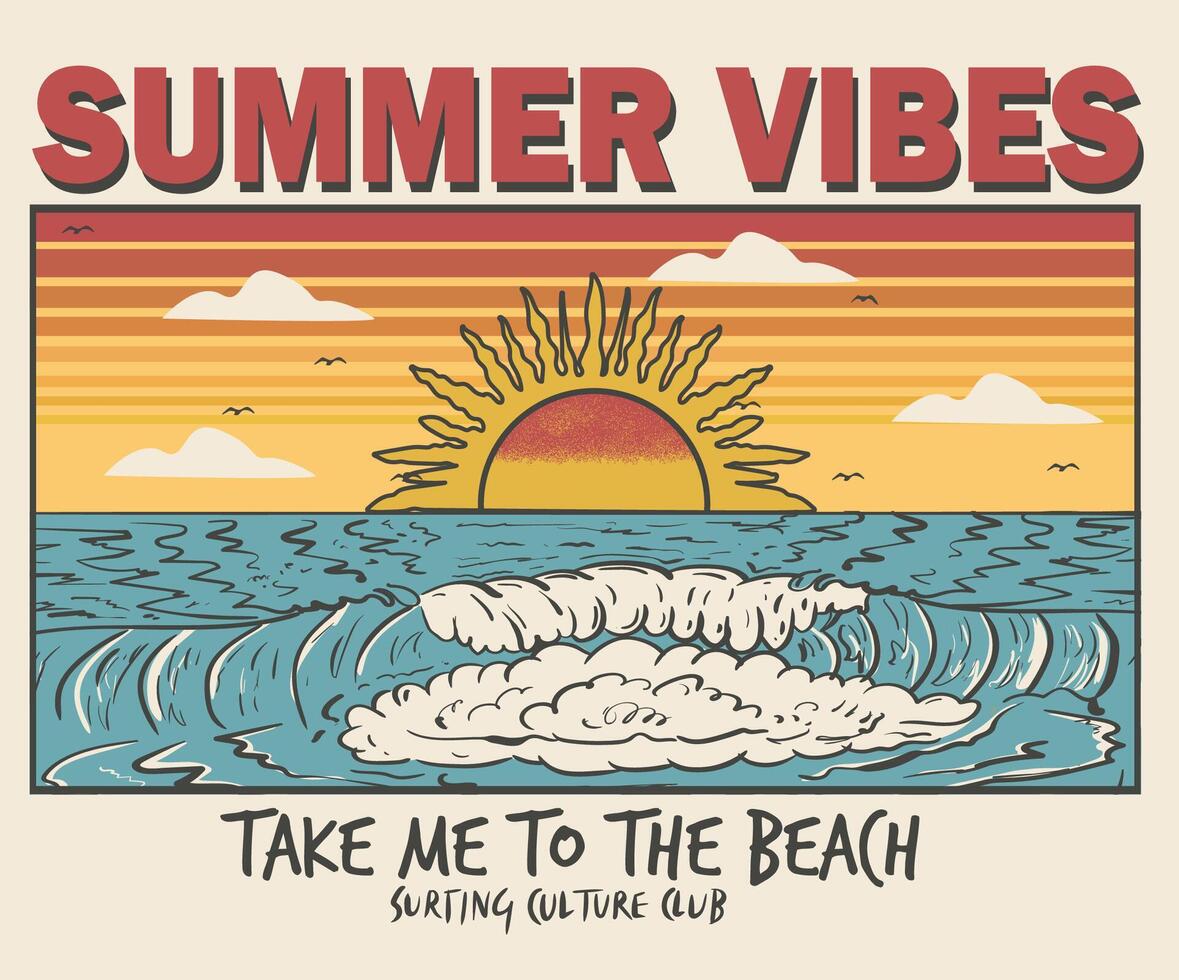 Summer vibes print design. Sunshine tropical beach artwork. Palm beach vibes artwork. Happiness comes in wave. Big wave print design for t shirt print, sticker, background and other uses. vector