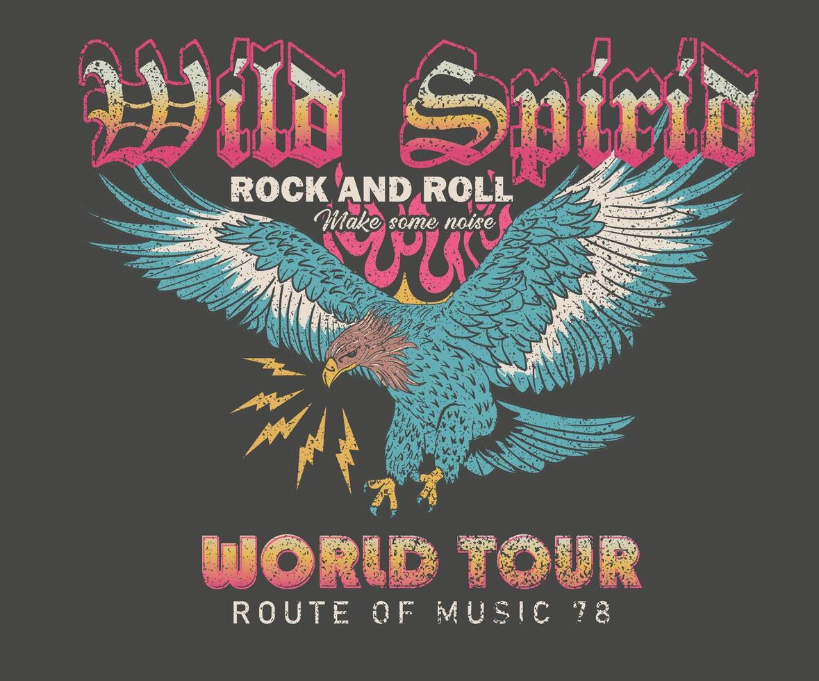 Wild spirit. Music world tour. Rock and roll graphic print design for apparel, stickers, posters, background and others. Wild and free. Thunder with star artwork. vector