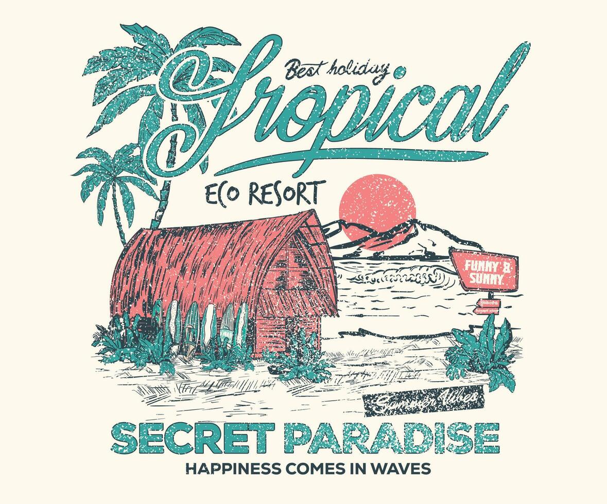 Tropical eco resort design for t shirt print, sticker, background and other uses. Summer vibes artwork. Surfing board sketch. Surfing club. Palm beach vibes artwork. Mountain artwork. vector