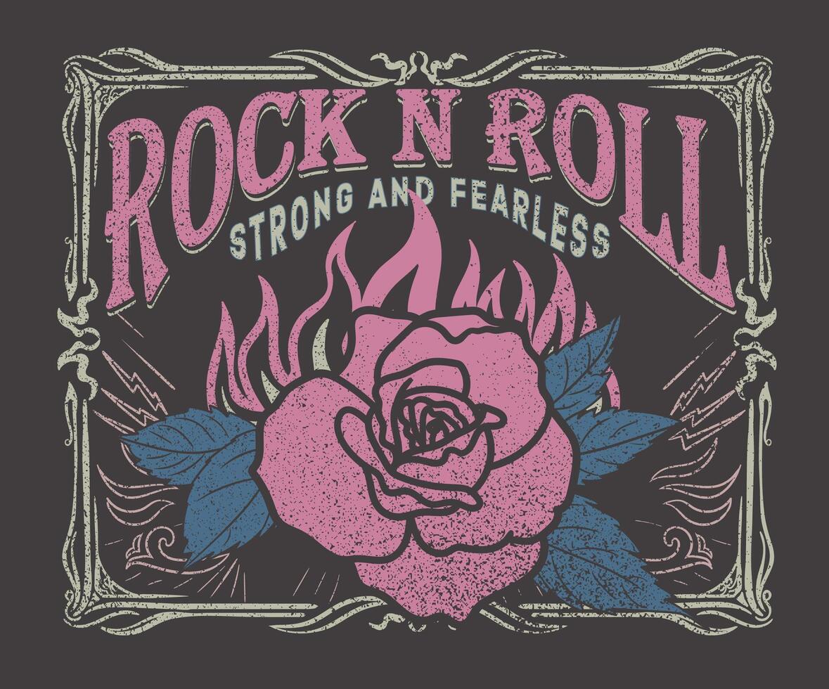 Rock and roll t-shirt design. Fire with Flower artwork. Strong and fearless. Rose flower. Music world tour artwork. vector