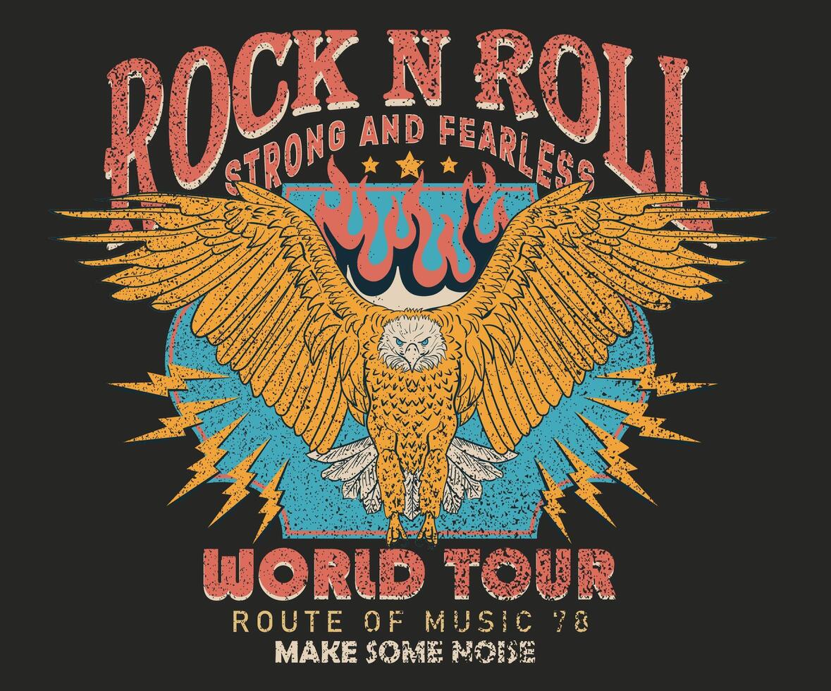 Rock and roll print design for t-shirt. Eagle fly artwork. Music world tour design. vector