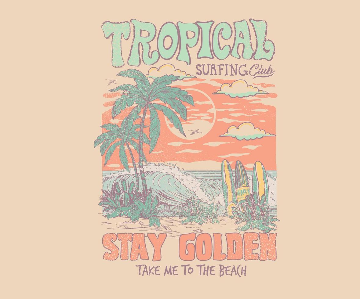 Summer vibes artwork. Surfing board sketch. Holiday forever design for t shirt print, sticker, background and other uses. Surfing club, Tropical island print design. Palm beach vibes artwork. vector