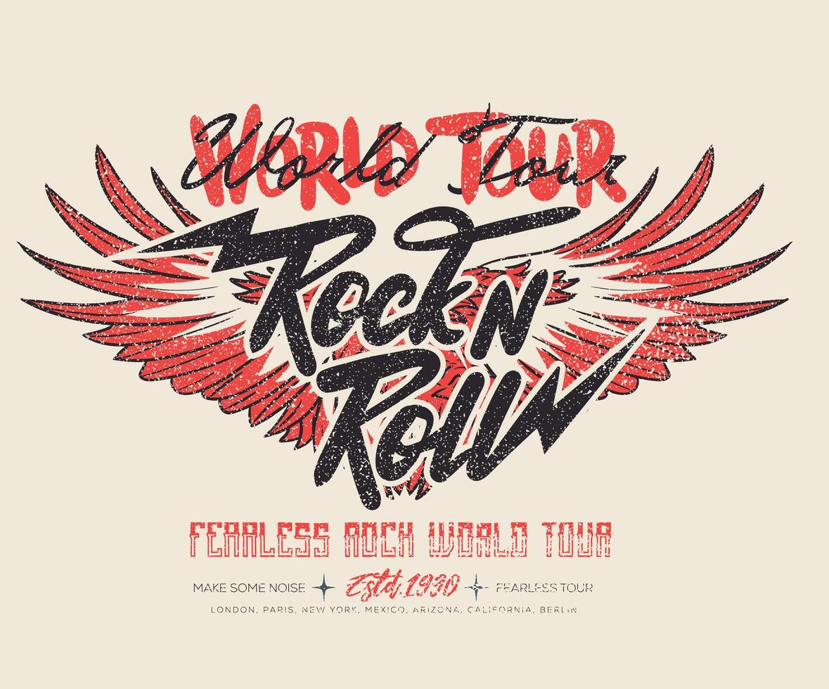Eagle wing. Rock and roll tour t shirt print design. Rockstar artwork. Rebel eagle graphic illustration. Music poster. vector