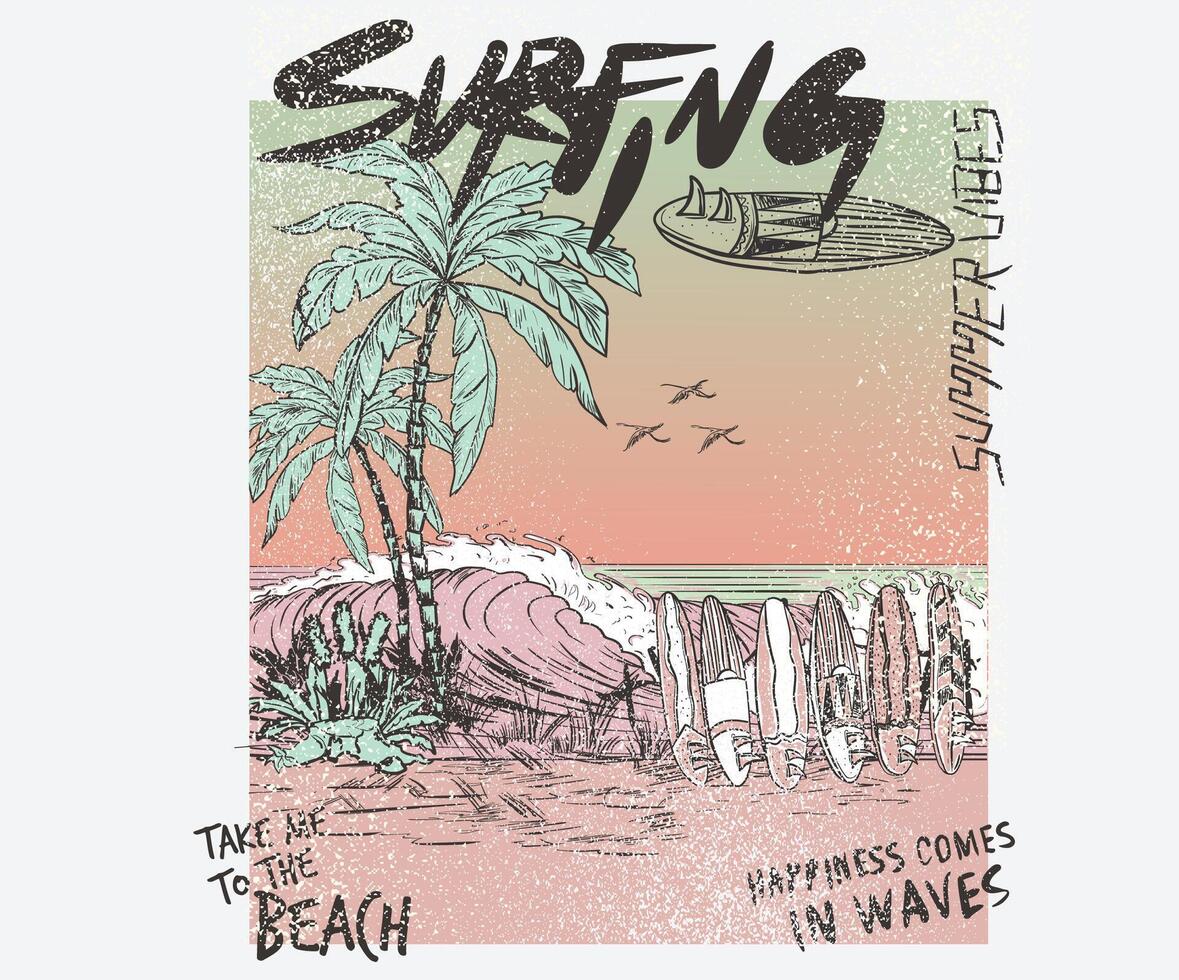 Surfing board sketch. Surfing club, Tropical island print design. Palm beach vibes artwork. Holiday forever design for t shirt print, sticker, background and other uses. Summer vibes artwork. vector