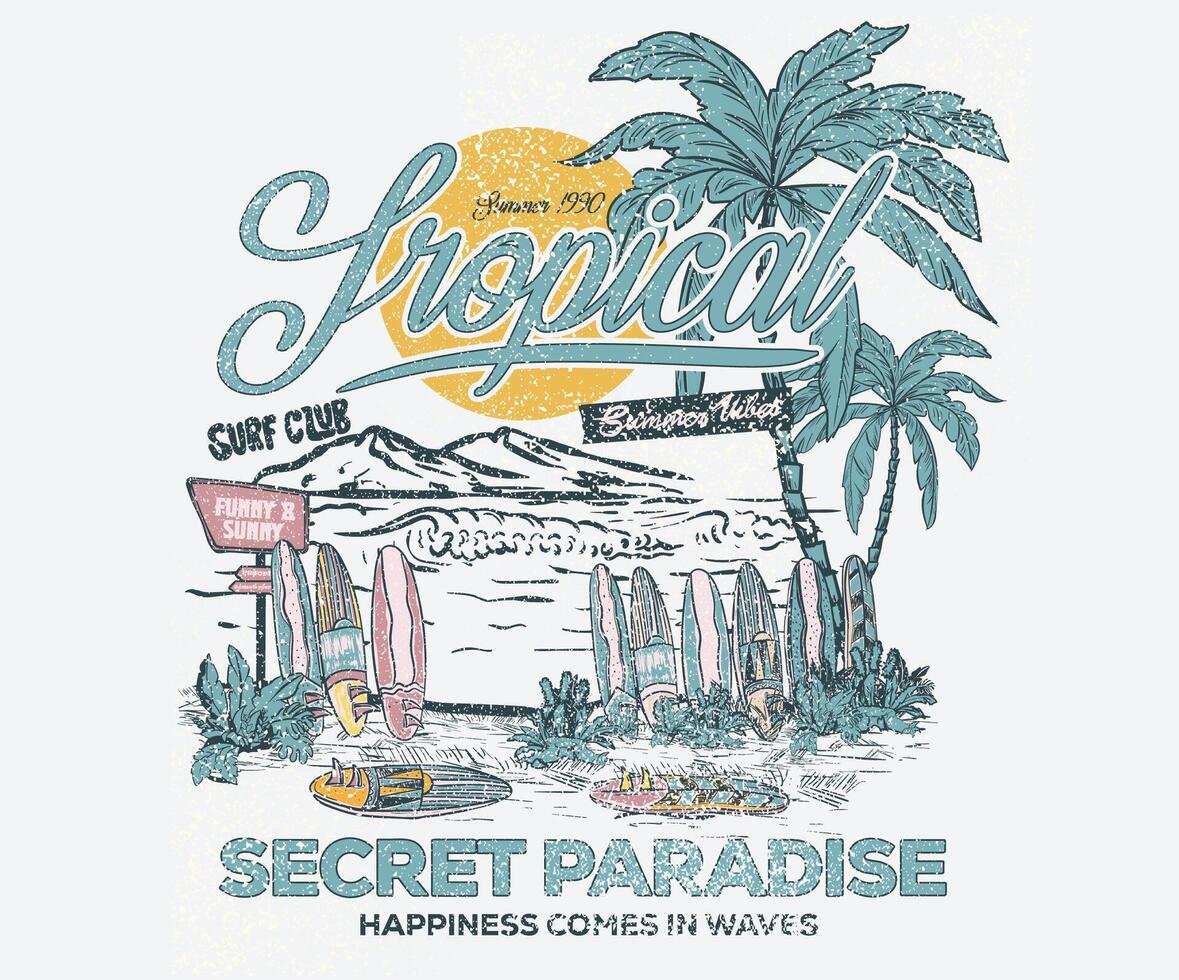 Holiday forever design for t shirt print, sticker, background and other uses. Summer vibes artwork. Surfing board sketch. Surfing club, Tropical island print design. Palm beach vibes artwork. vector